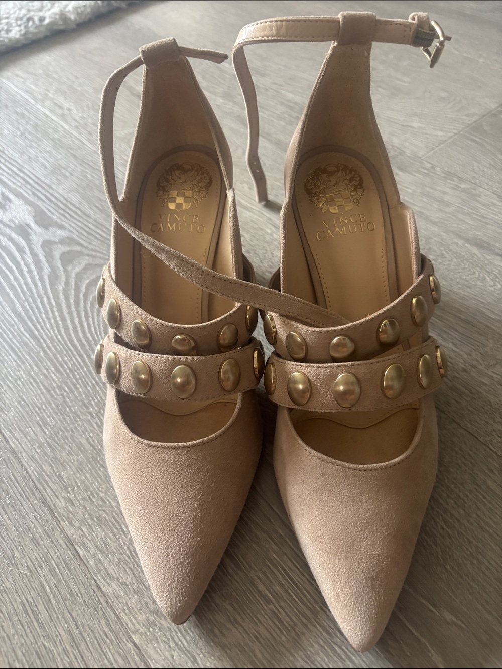 Vince Camuto Taupe Suede Pointed-Toe Studded Ankle-Strap Pumps